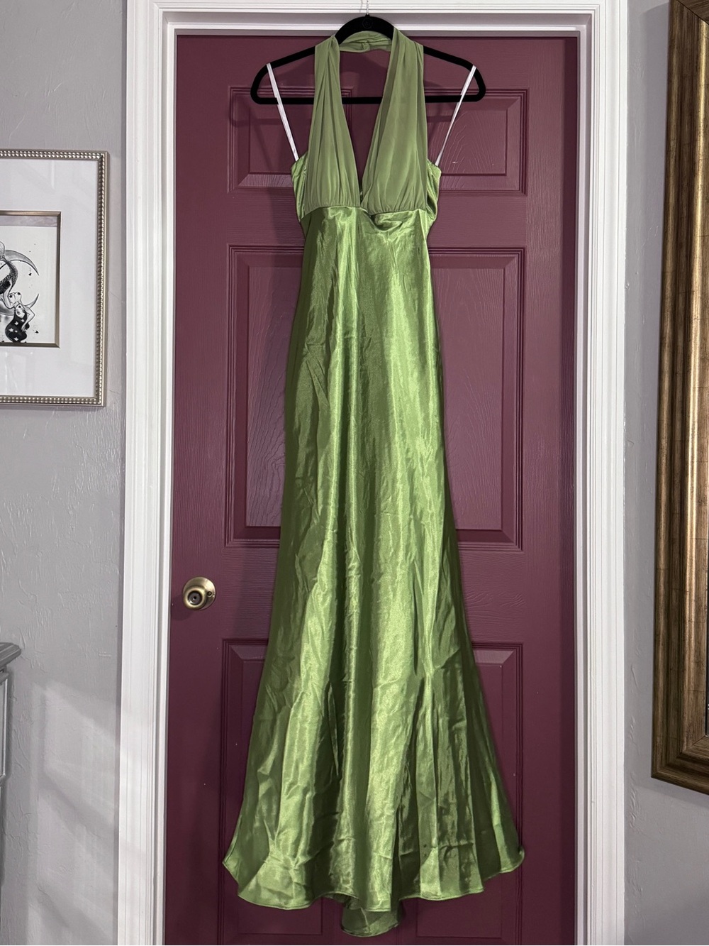 Betsy & Adam Lime Green Halter Satin Prom Gown